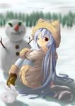  animal_hood blue_hair blush dodome-iro_mayonnaise hood hood_down leg_hug long_hair looking_back original red_eyes sitting snow snow_bunny snowman solo thighhighs very_long_hair white_legwear 