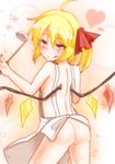  :q apron ass blonde_hair blush flandre_scarlet hair_ribbon heart highres ladle looking_at_viewer looking_back naked_apron naughty_face red_eyes ribbon short_hair side_ponytail smile solo takorice tongue tongue_out touhou wings 