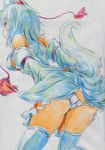  absurdres animal_ears ass blush breasts colored_pencil_(medium) detached_sleeves hat highres inubashiri_momiji kitazinger medium_breasts panties pantyshot red_eyes short_hair skirt solo tail thighhighs tokin_hat touhou traditional_media underwear white_hair white_legwear white_panties wolf_ears wolf_tail 