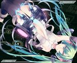  arm_up bad_id bad_pixiv_id center_opening character_name elbow_gloves gloves green_hair hatsune_miku hatsune_miku_(append) highres long_hair navel necktie oniyama831 solo thighhighs twintails very_long_hair vocaloid vocaloid_append 
