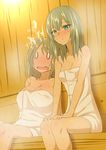  2girls bare_shoulders blue_eyes blush breasts brown_hair clearite green_eyes heterochromia idolmaster idolmaster_cinderella_girls large_breasts looking_at_viewer mimura_kanako mole mole_under_eye multiple_girls o_o sauna short_hair sitting small_breasts steam sweat takagaki_kaede towel 