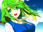  bow breasts cloud daiyousei dress dress_shirt green_eyes green_hair hair_bow highres medium_breasts open_mouth ribbon s-ghost shirt short_hair side_ponytail sky smile solo touhou upper_body wings 