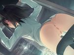  1girl against_glass akinashi_yuu anus ass black_hair blush from_behind game_cg highres koi_to_senkyo_to_chocolate legs looking_back morishita_michiru no_panties pink_eyes pussy short_hair solo sweat thighs uncensored 