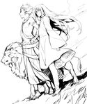  barefoot enkidu_(fate/strange_fake) fate/strange_fake fate/zero fate_(series) gilgamesh greyscale kuroemon lion long_hair monochrome multiple_boys sketch smile toga 