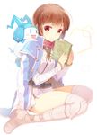  book brown_hair highres isabeau_(smt) jack_frost purple_eyes shin_megami_tensei shin_megami_tensei_iv sitting smile solo takeda_mika 