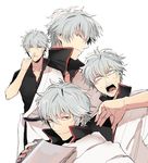  book gintama grey_hair hadanugi_dousa japanese_clothes kimono long_sleeves male_focus multiple_views nose_picking sakata_gintoki short_sleeves silver_hair sweat zaqloxxx 