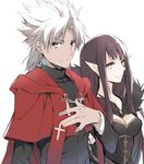  1girl amakusa_shirou_(fate) black_hair breasts brown_eyes capelet cleavage dark_skin dress fate/apocrypha fate_(series) kuroemon long_hair medium_breasts pointy_ears semiramis_(fate) stole white_hair 