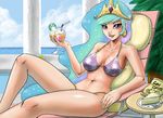  bikini breasts cake clothed clothing crown drink ear_piercing english_text female food friendship_is_magic hair human humanized john_joseco looking_at_viewer mammal multi-colored_hair my_little_pony navel not_furry outside piercing pink_eyes potato_chips princess_celestia_(mlp) sea skimpy swimsuit text tight_clothing water 