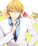  ;) blonde_hair cardigan finger_to_mouth kise_ryouta kuroemon kuroko_no_basuke male_focus necktie one_eye_closed school_uniform smile solo yellow_eyes 