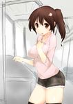  blush breasts brown_eyes brown_hair copyright_request medium_breasts short_shorts shorts solo tera_zip thighhighs 