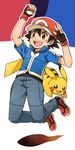  1boy :3 :d artist_request baseball_cap big_eyes black_fur black_gloves black_hair black_shirt blue_background blue_jacket blue_jeans brown_eyes brown_fur denim ears ferythekid fingerless_gloves gloves happy hat holding holding_poke_ball jacket jeans jumping looking_down looking_up open_mouth pants pikachu poke_ball pokemon pokemon_(anime) pokemon_(game) pokemon_xy purple_background red_background red_hat red_shoes salute satoshi_(pokemon) shadow shirt shoes simple_background smile tail teeth white_background yellow_ears yellow_fur 