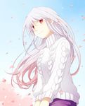  cherry_blossoms long_hair looking_at_viewer lyrical_nanoha mahou_shoujo_lyrical_nanoha mahou_shoujo_lyrical_nanoha_a's red_eyes reinforce silver_hair skirt sky smile solo standing sweater takana turtleneck wind 