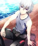  arm_support bare_arms bare_shoulders black_pants closed_mouth collarbone day dutch_angle expressionless holding kuroemon ledo_(suisei_no_gargantia) looking_up male_focus outdoors pants poolside purple_eyes silver_hair sitting solo suisei_no_gargantia tank_top water 