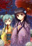  black_eyes black_hair furuya_mero green_eyes hair_ornament highres holding holding_umbrella japanese_clothes kimono long_hair multiple_girls oriental_umbrella outdoors red_eyes sanka_rea sankarea sash smile umbrella yezhi_na yukata 