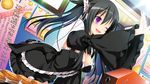  1girl absurdres black_hair breasts cleavage food game_cg gensou_no_idea:_oratorio_phantasm_historia happy highres long_hair open_mouth purple_eyes shinomori_rinon skirt smile solo standing twintails wink 