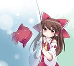  ascot bare_legs bow brown_eyes brown_hair detached_sleeves fish fishbowl goldfish hair_bow hair_tubes hakurei_reimu hammer_(sunset_beach) long_hair minigirl open_mouth sidelocks skirt skirt_set solo touhou 