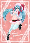  aqua_hair belt boots christmas green_eyes hair_ribbon hat hatsune_miku long_hair manmaru_tamago merry_christmas midriff navel open_mouth panties ribbon sack santa_costume santa_hat skirt solo thighhighs twintails underwear very_long_hair vocaloid 