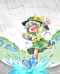  blue_flower blue_rose boots bow closed_eyes cloud cloudy_sky flower hat hat_bow highres hydrangea komeiji_koishi long_sleeves open_mouth outstretched_arms rain raincoat rose rubber_boots running shinapuu shirt silver_hair skirt sky smile solo splashing third_eye touhou wide_sleeves 