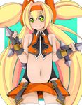  bad_id bad_pixiv_id bare_shoulders blazblue blonde_hair blush cosplay crop_top dual_wielding fingerless_gloves flat_chest gloves green_eyes hair_ribbon hairband heart heart-shaped_pupils highleg highleg_panties holding long_hair makoto_nanaya makoto_nanaya_(cosplay) midriff mikusu miniskirt multicolored multicolored_eyes navel panties platinum_the_trinity ribbon skirt smile solo symbol-shaped_pupils thighhighs tonfa two_side_up underwear very_long_hair weapon 