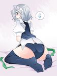  ass back bad_anatomy bad_id bad_pixiv_id black_legwear black_panties blue_eyes blush duplicate feet hammer_(sunset_beach) izayoi_sakuya looking_back maid maid_headdress no_pants on_bed panties short_hair silver_hair sitting soles solo spoken_sweatdrop sweatdrop thighhighs touhou underwear undressing vest wariza 