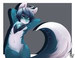  ambiguous_gender arms_behind_head bandanna blue_fur blue_hair canine dog fur hair hi_res looking_at_viewer mammal multi-colored_hair rudragon solo tail_between_legs teal_eyes thick_thighs thighs white_fur white_hair 
