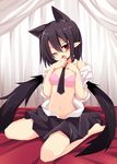  animal_ears black_hair blush bra cat_ears dress_shirt extra_ears fang highres kemonomimi_mode looking_at_viewer maturiuta_sorato navel necktie one_eye_closed open_clothes open_mouth open_shirt pink_bra pointy_ears polka_dot polka_dot_bra red_eyes shameimaru_aya shirt short_hair skirt solo touhou underwear wings 