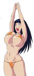  1girl bikini black_hair breasts huge_breasts hyuuga_hinata long_hair micro_bikini naruho naruto orange_bikini smile solo swimsuit white_eyes 