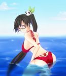  ass back bent_over bikini black_hair blazblue blue_sky breasts day from_behind glasses hair_ornament hair_ribbon lao_jiu large_breasts litchi_faye_ling long_hair oboroduki_(deepbluerook) ocean panda pink_eyes red_bikini ribbon semi-rimless_eyewear sideboob sky smile solo swimsuit under-rim_eyewear very_long_hair wet 