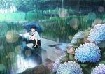  bad_id bad_pixiv_id black_eyes black_hair bridge flower highres hydrangea hyp kneehighs leaf loafers original park pond reeds school_uniform serafuku shoes short_hair skirt snail solo squatting tree umbrella wet wet_clothes 