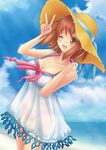  ;d beach bikini bikini_under_clothes brown_eyes brown_hair hat hataraku_maou-sama! mizuki_(mizuki0929) one_eye_closed open_mouth sasaki_chiho see-through short_hair smile solo sun_hat swimsuit swimsuit_under_clothes v 