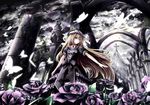  blonde_hair bug butterfly church cloud cloudy_sky dress field flower flower_field hat hat_ribbon highres insect light_particles missile228 outstretched_arm puffy_sleeves purple_dress purple_flower purple_hair purple_rose ribbon rose ruins scenery short_sleeves sky solo statue touhou traditional_media watercolor_(medium) yakumo_yukari 