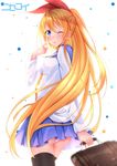  :p ;p akanbe bad_id bad_pixiv_id bag black_legwear blonde_hair blue_eyes hair_ribbon highres jewelry kirisaki_chitoge long_hair long_sleeves looking_back necklace nisekoi one_eye_closed panties pantyshot ponytail ribbon school_bag school_briefcase school_uniform skirt solo striped striped_panties swordsouls thighhighs tongue tongue_out underwear very_long_hair white_panties 