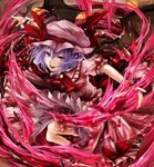  bat bat_wings collar dress evil_smile fang frills hat hat_ribbon kazabana_fuuka looking_at_viewer mob_cap parted_lips pink_dress puffy_short_sleeves puffy_sleeves purple_hair red_eyes red_ribbon remilia_scarlet ribbon short_hair short_sleeves smile solo touhou wings 