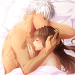  1girl after_sex afterglow archer bite_mark brown_eyes brown_hair couple dark_skin dark_skinned_male fate/extra fate/extra_ccc fate_(series) grey_eyes height_difference hetero hickey kishinami_hakuno_(female) long_hair noise2046 nude scratches sweat white_hair 