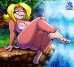  4_toes bare_feet barefoot bedroom_eyes blonde_hair breasts candy_kong cleavage clothed clothing donkey_kong_(series) female foot_focus gorilla hair hindpaw invalid_tag lipstick looking_at_viewer mammal nintendo paws plantigrade primate seththedragon shorts sitting smile solo taunt_shirt toes video_games water waterfall 