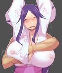  1girl arm_up blush breast_grab breasts cleavage from_behind grabbing hakai_shin huge_breasts japanese_clothes kimono long_hair mushibugyou oharu_(mushibugyou) purple_hair yukata 