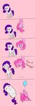  balloon blue_eyes cutie_mark dialog duo english_text equine eyes eyes_closed female feral friendship_is_magic fur hair horn horse mammal my_little_pony pink_background pink_fur pink_hair pinkie_pie_(mlp) plain_background pony poptart36 purple_hair rarity_(mlp) sausage standing text transformation unicorn white_fur 