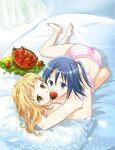  barefoot basket bed blonde_hair blue_hair camisole food fruit lingerie looking_at_viewer mouth_hold multiple_girls ooshima_towa original panties pillow pink_panties shared_food side_ponytail strawberry striped striped_panties underwear underwear_only yuri 