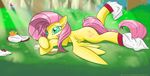  butterfly cute cutie_mark cyan_eyes equine feathers female feral fluttershy_(mlp) forest friendship_is_magic fur grass hair hi_res horse insect light long_hair looking_at_viewer mammal munkari my_little_pony outside pegasus pink_hair pony socks solo tree wings yellow_fur 