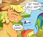  applejack_(mlp) blonde_hair blush crossgender dialog duo english_text equine eyes_closed female feral flying freckles friendship_is_magic grass hair horse licking mammal multi-colored_hair my_little_pony outside pegasus pony purple_eyes rainbow_dash_(mlp) rainbow_hair sketchyjackie text tongue upside_down wings 
