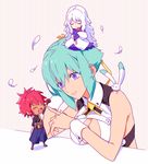  2boys animal aquarion_(series) aquarion_evol breast_press breasts cleavage cleavage_cutout gloves green_hair hair_ribbon kagura_demuri medium_breasts miniboy mogutanabe multiple_boys purple_eyes red_hair ribbon short_hair shush_(aquarion_evol) towano_mykage zessica_wong 