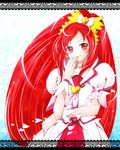  blush cure_ace dokidoki!_precure hand_to_own_mouth heart kagami_chihiro letterboxed light_smile long_hair madoka_aguri patterned precure red_eyes red_hair smile solo 