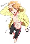  1boy blonde_hair free! hazuki_nagisa jacket male male_focus open_mouth solo speedo standing swim_briefs swimsuit topless wink 
