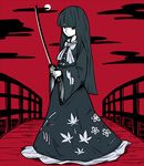  black_hair bow bridge cloud full_moon houraisan_kaguya inarou_(rakugakiproject) long_hair moon ribbon solo sword touhou weapon 