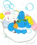  blue_body buneary bunearyk eyes_closed eyewear feral fur glasses lagomorph mammal mudkip nintendo pillow plain_background pok&#233;mon pok&eacute;mon rabbit sleeping smile snot_bubble video_games white_background white_fur yellow_fur 