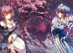  blue_dress cherry_blossoms closed_eyes dress dual_persona dying fan hat japanese_clothes kimono light_particles long_sleeves multiple_girls pink_eyes pink_hair rain_lan saigyouji_yuyuko saigyouji_yuyuko_(living) sash touhou tree triangular_headpiece veil wide_sleeves yukata 