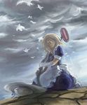  apron bird blonde_hair blue_dress cloud d-nobi dress elbow_gloves faux_traditional_media floating_hair gloves hat hat_removed headwear_removed holding kana_anaberal road_sign short_hair sign sitting sky solo touhou touhou_(pc-98) waist_apron white_gloves 