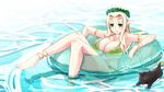  armlet barefoot bikini blonde_hair blush bracelet breasts celestine_lucullus cleavage dog elf green_bikini green_eyes head_wreath huge_breasts innertube jewelry kenjuurou kuroinu_~kedakaki_seijo_wa_hakudaku_ni_somaru~ long_hair partially_submerged pointy_ears scar side-tie_bikini smile solo strap_gap swimsuit 