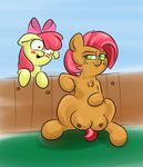  amber_eyes apple_bloom_(mlp) babs_seed_(mlp) blush brown_fur cub duo equine female fence feral friendship_is_magic fur green_eyes hair horse mammal my_little_pony nipples open_mouth outside pony red_hair ribbons sky teats wizardski yellow_fur young 