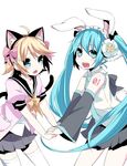  2girls ahoge animal_ears bunny_ears bunny_tail cat_ears cat_tail detached_sleeves fake_animal_ears fake_tail fang female hair_ornament hair_ornaments hand_holding hatsune_miku kagamine_rin kemonomimi_mode long_hair looking_at_viewer mizuki_(koko_lost) multiple_girls open_mouth pleated_skirt school_uniform short_hair simple_background skirt tail thighhighs twintails uniform very_long_hair vocaloid white_legwear zettai_ryouiki 